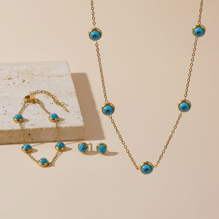 Wholesale  small fresh summer all-match blue turquoise clavicle chain round earrings suit jewelry titanium steel bracelet women