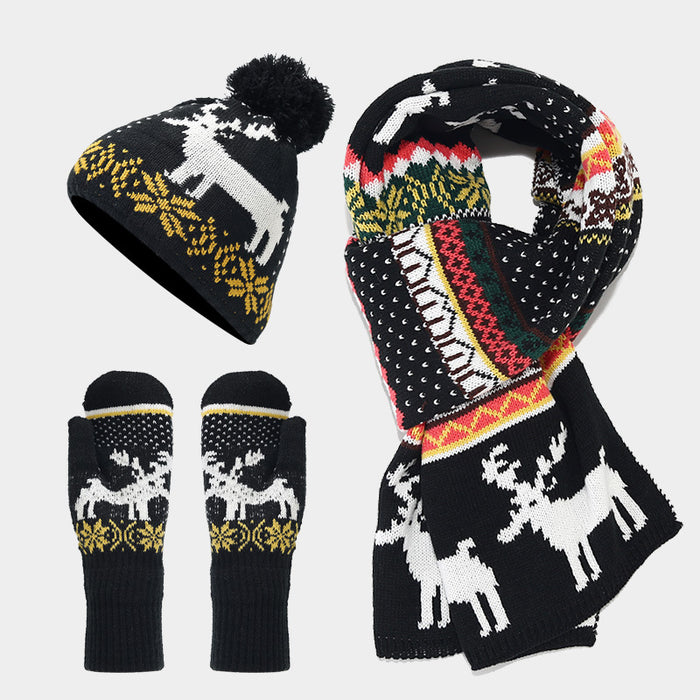 Wholesale Christmas reindeer jacquard knitted winter hat set