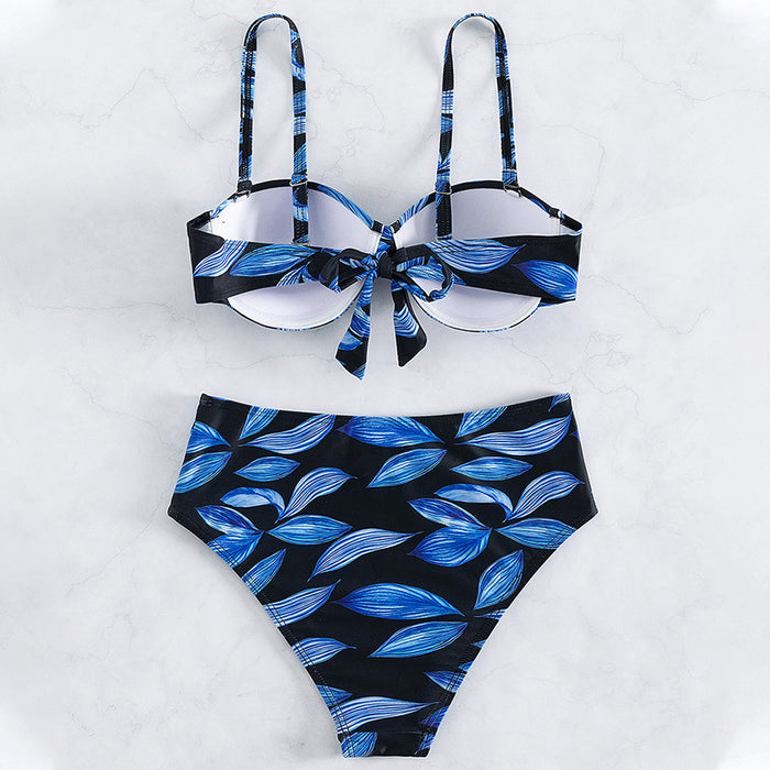 Wholesale Polyester Women's Split High Waist Printed Solid Color Splicing Swimsuit JDC-SW-Chengm002