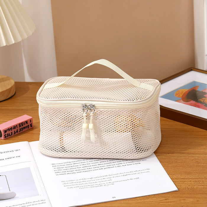 Wholesale Modern Multifunctional Mesh Cosmetic Bag 3 Piece Set Large Capacity Portable Foldable Travel Toiletry Organizer Handbag Pink
