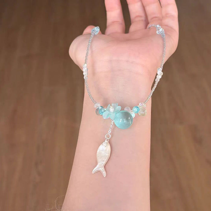Wholesale Alloy Beaded Choker Necklace Blue Flower Fish Design Summer Vacation Style