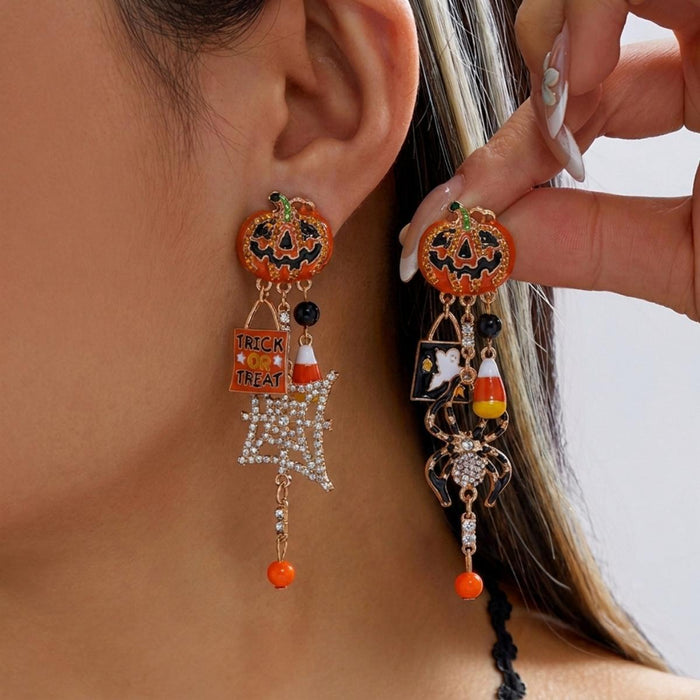 Wholesale Alloy  Rhinestone Pumpkin  Web Dangle Earrings Quirky Ghost Pendant Jewelry Party Boutique Gift Fashion Accessory