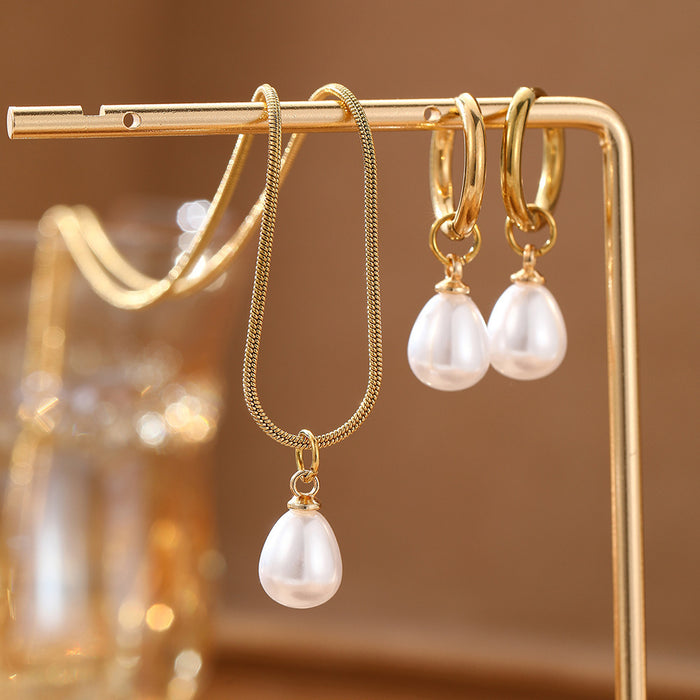 Wholesale Sophisticated Teardrop Pearl Dangle Earrings Stainless Steel Necklace Set