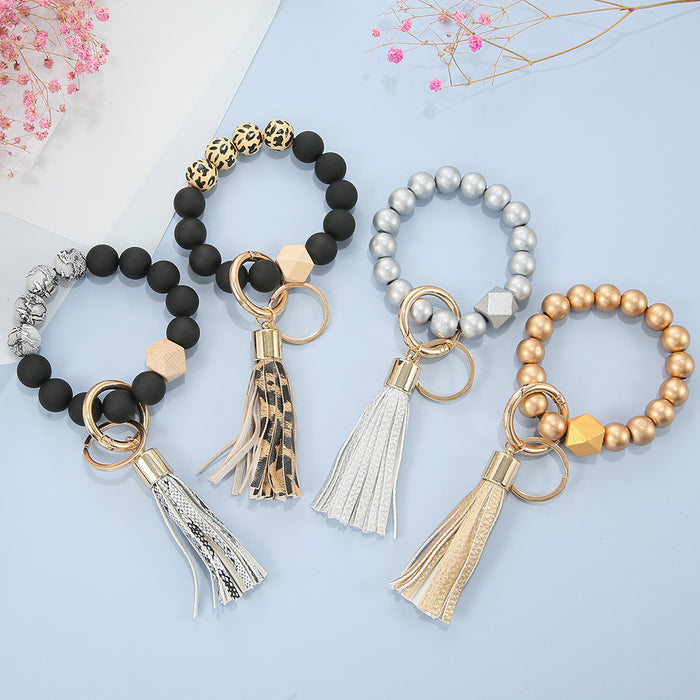 Wholesale Black Frosted Wooden Beads Tassel Pendant Bracelet Keychain JDC-KC-JinY009