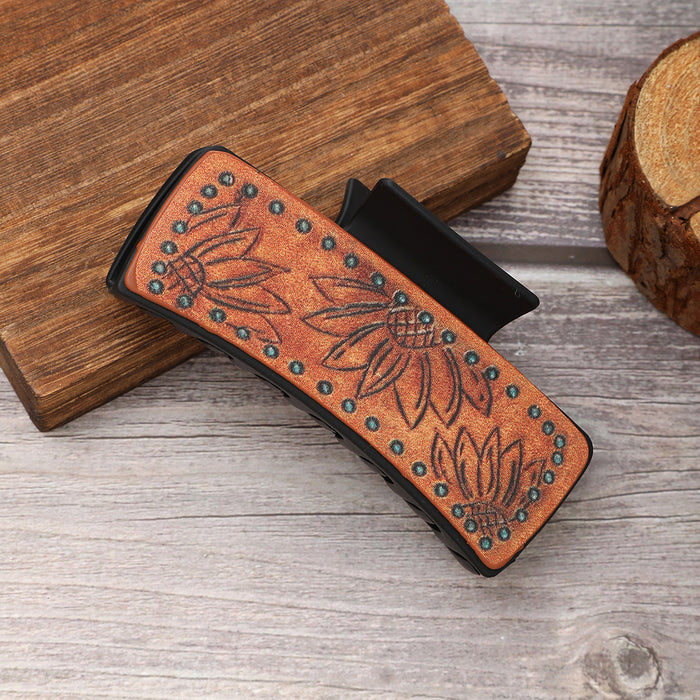 Wholesale Western Style Leather Hairpin Sunflower Pattern Clip Women Shark Clip
