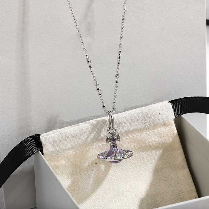 Wholesale Super sparkly Saturn gradient full diamond 3D stainless steel necklace