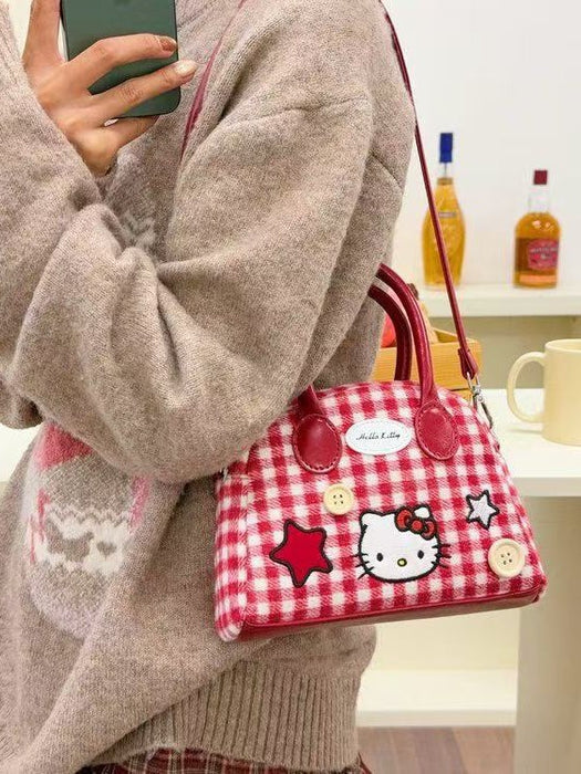 Wholesale Cartoon Cute Cat Shoulder Bags Female Red Plaid Handbag