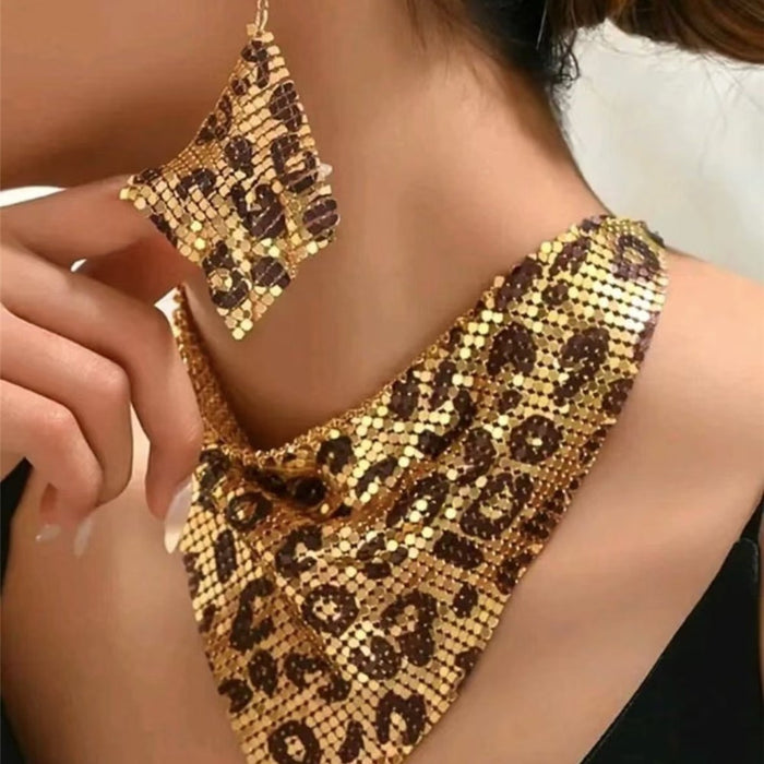 Wholesale Triangle scarf sequin silk scarf necklace set with exaggerated personality collarbone necklace earrings pendant
