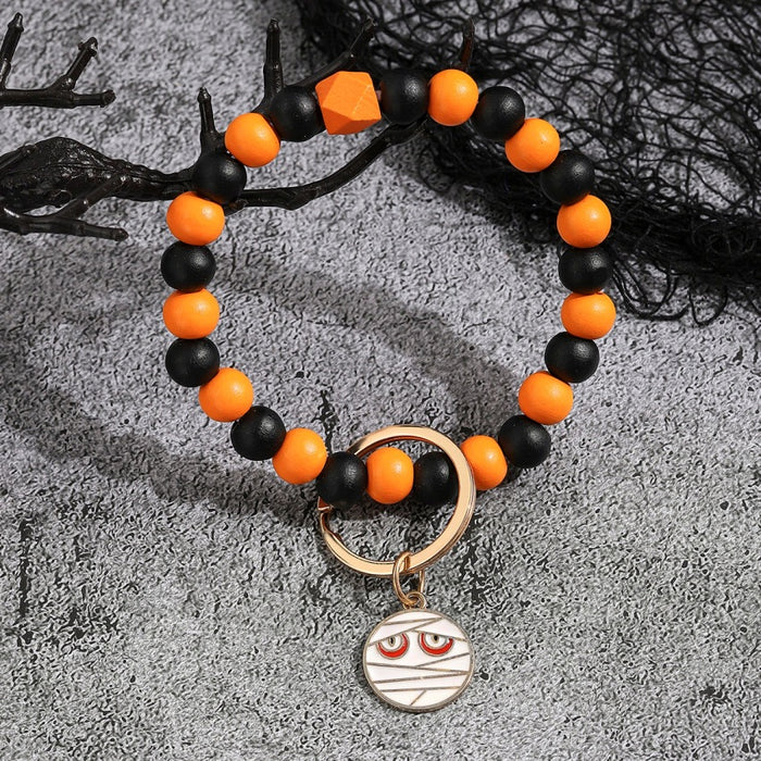 Wholesale Halloween Day Bracelet Halloween Pumpkin Wooden Beaded Keychain JDC-KC-RongRui030