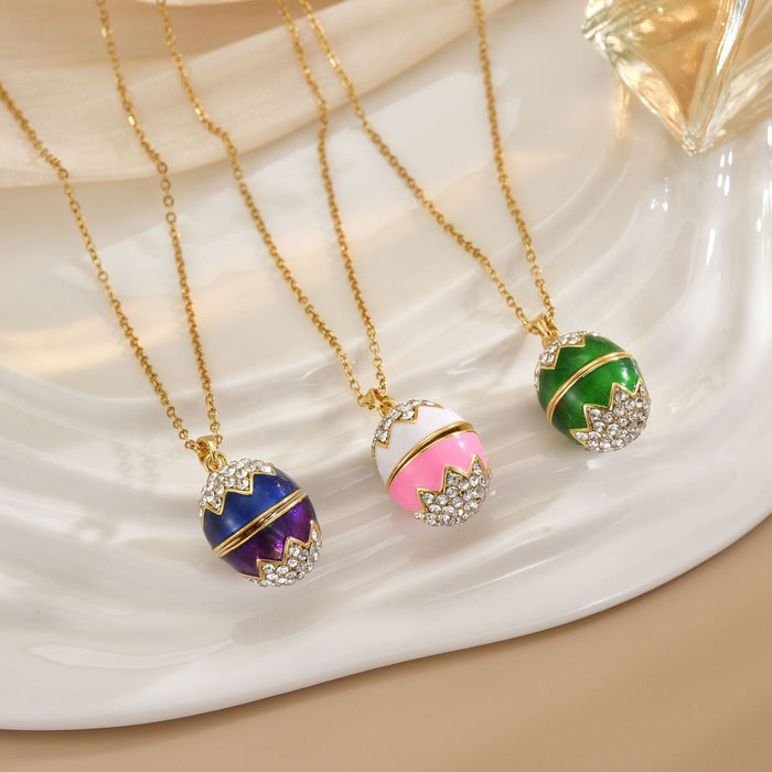 Wholesale Easter Enamel Diamond-Studded Egg Stainless Steel Necklace