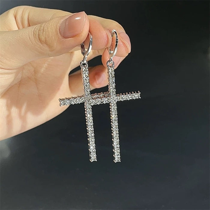 Wholesale Shiny Rhinestone Large Cross Earrings Versatile Exaggerated Full Diamond