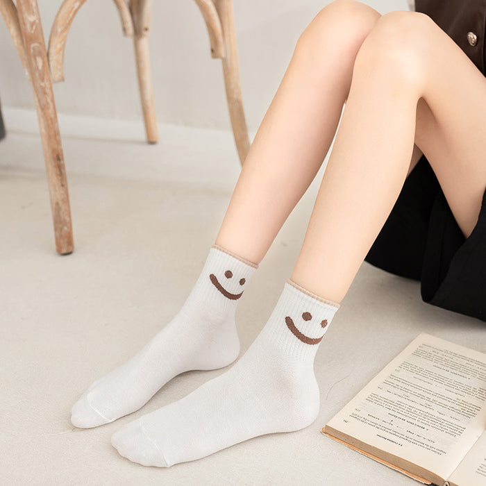 Wholesale of 10pcs Solid Color Cute Smiling Women's Mid Length Socks JDC-SK-Miqi006