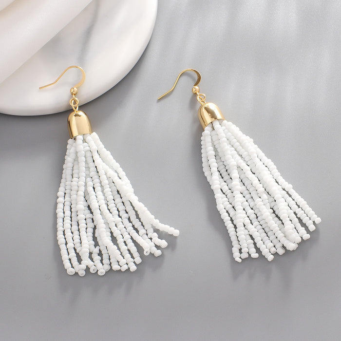 Wholesale Retro ethnic style handmade beaded earrings women' s elegant all-match Bohemian colorful tassel rice beads earrings