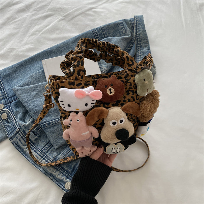 Wholesale Cartoon Puppy Doll Handbag Women's Leopard Tote Bag Personalized Crossbody Canvas Bag