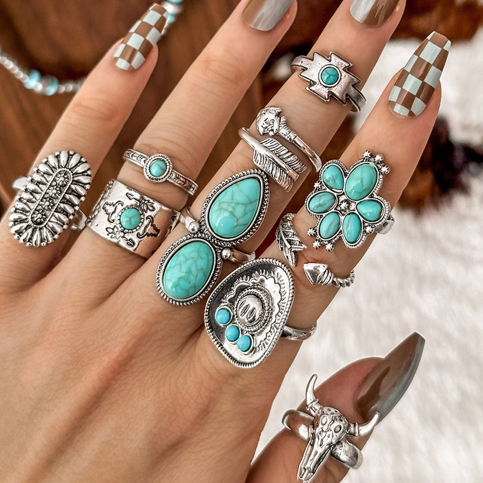 Wholesale Imitation turquoise ring set Creative bull head flower feather multi-element turquoise ring set