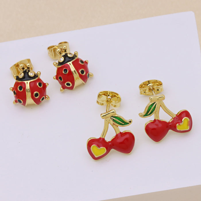 Wholesale Colorful oil-dripping cherry ladybug earrings