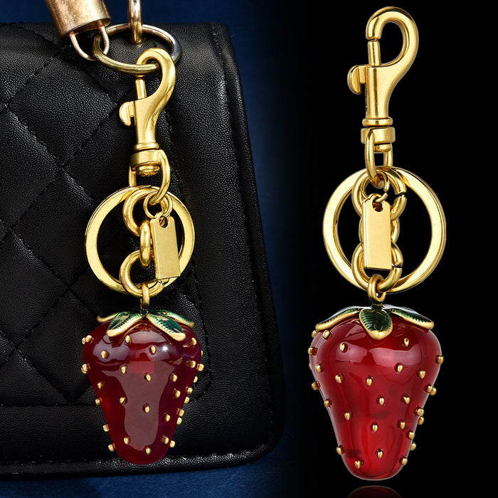 Wholesale Red Strawberry Keychain Bag Charm Cute Fruit Design Decorative Accessory Alloy Pendant For Women S Bag Boutique Resale