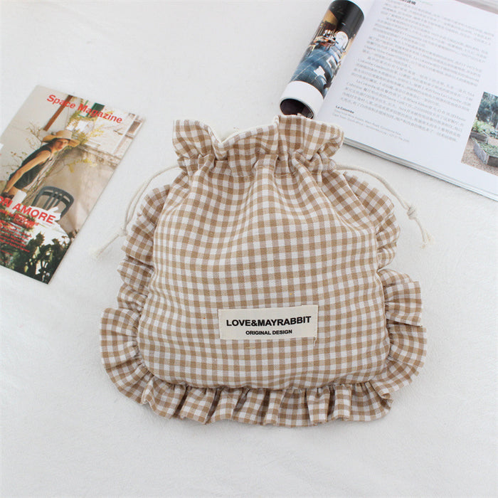 Wholesale Stylish Pink Plaid Drawstring Pouch With Lace Trim Multipurpose Travel Storage Bag For Makeup Brushes Fashion Accessory For Boutique Resale