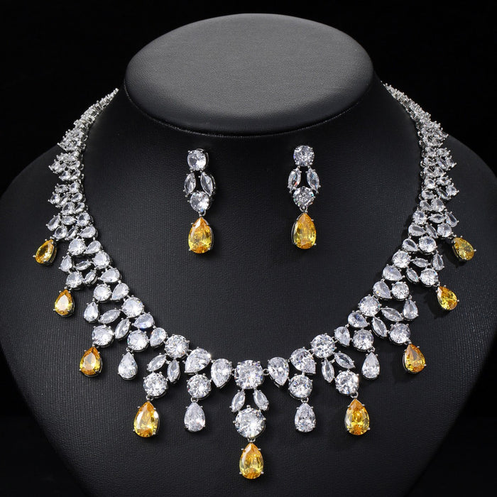 Wholesale Zircon Necklace Earrings Set Bride Wedding Dress Dinner Jewelry Water Drop Full of Diamonds