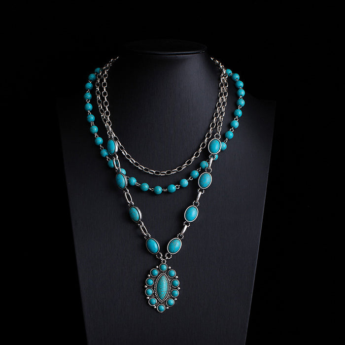 Wholesale Retro ethnic style turquoise necklace Western cowboy style stacking necklace high-end Bohemian sweater chain