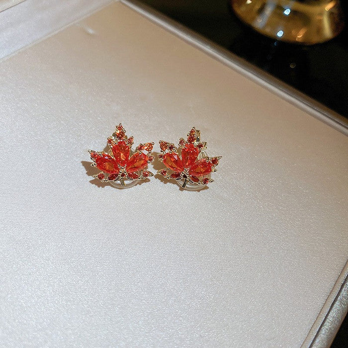 Wholesale Earrings Alloy Pearl Zircon Red Maple Leaf Double Layer JDC-ES-BY344