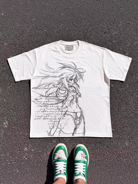Wholesale Oversized Anime Line Art Print Short-Sleeve T-Shirt