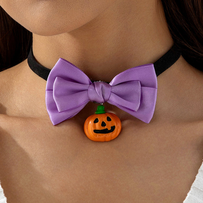 Wholesale Pumpkin Resin Pendant Necklace Black Bow Tie Polyester Choker Fashion Accessory MOQ≥2