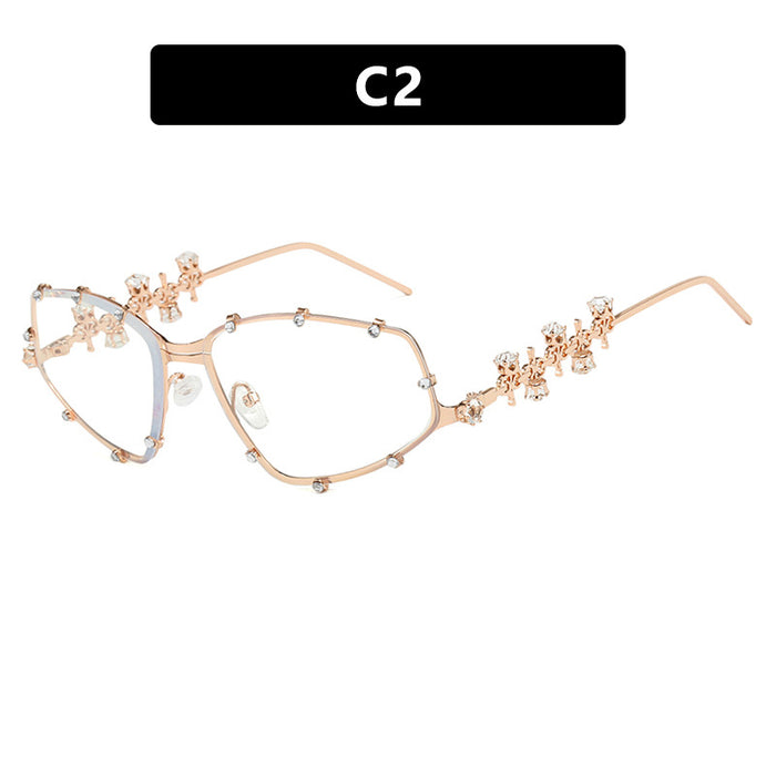 Wholesale Diamond studded glasses frame, fashionable with diamond shaped flat lens, large frame, personalized glasses frame