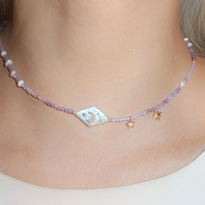 Wholesale Moon and Star Purple Beaded Pearl Necklace