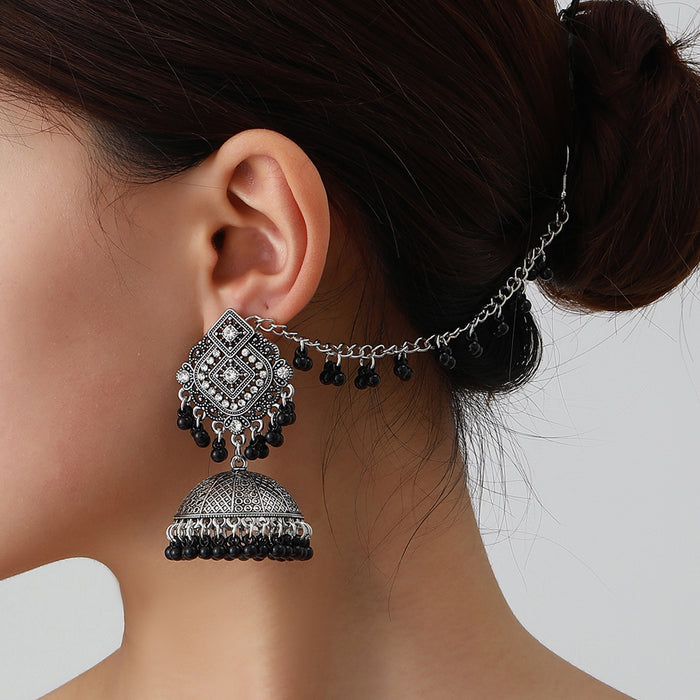 Wholesale vintage ethnic style rhinestone bell tassel earrings and hair chain set