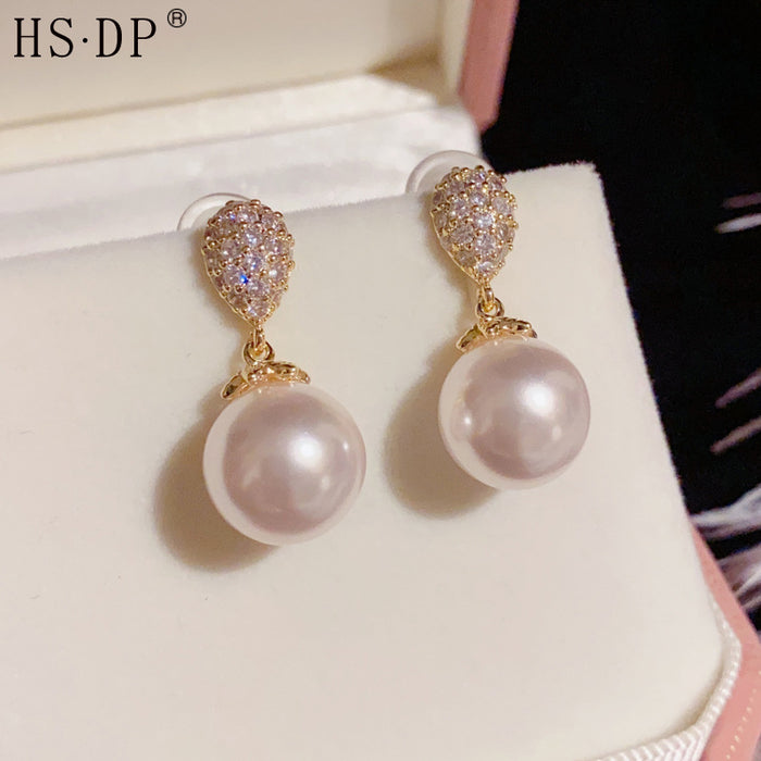 Wholesale Copper Micro Inlaid Zircon Teardrop Pearl Earrings JDC-ES-HanDu007