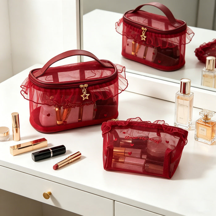 Wholesale 3pcs Ruffled Mesh Cosmetic Makeup Bag