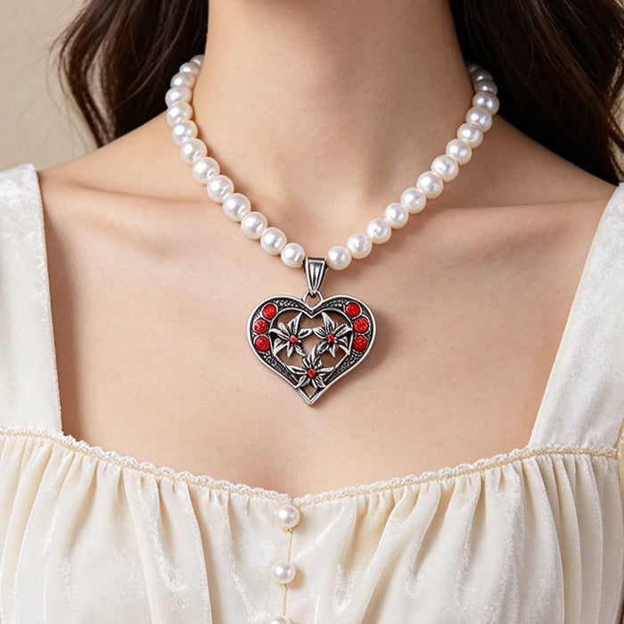 Wholesale Vintage Red Heart Edelweiss Choker Necklace With Rhinestones And Faux Pearl Beads Chic Party Fashion Accessory