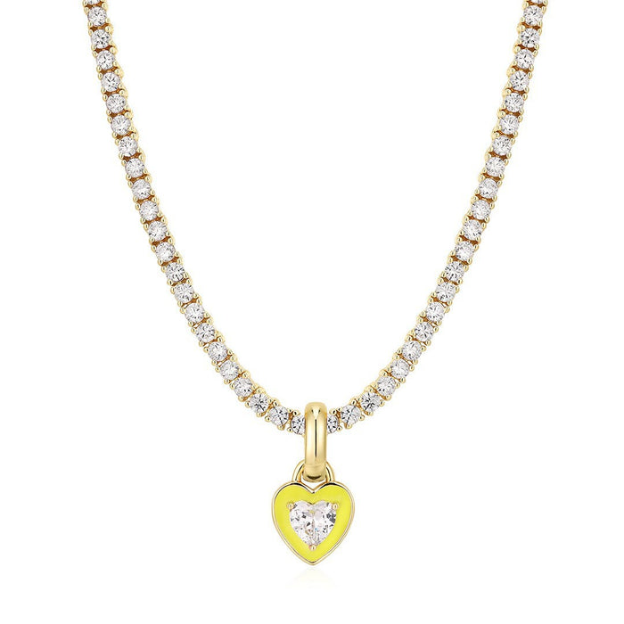 Wholesale Titanium steel tennis chain with colored zircon heart pendant necklace