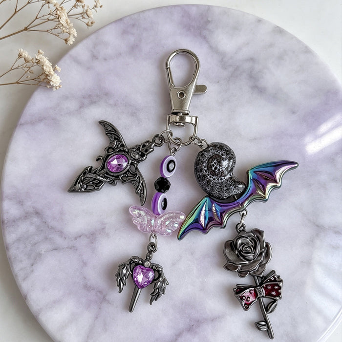 Wholesale Gothic Bat Keychain Purple Heart Cross Pendant Zinc Alloy Bag Charm  Gift