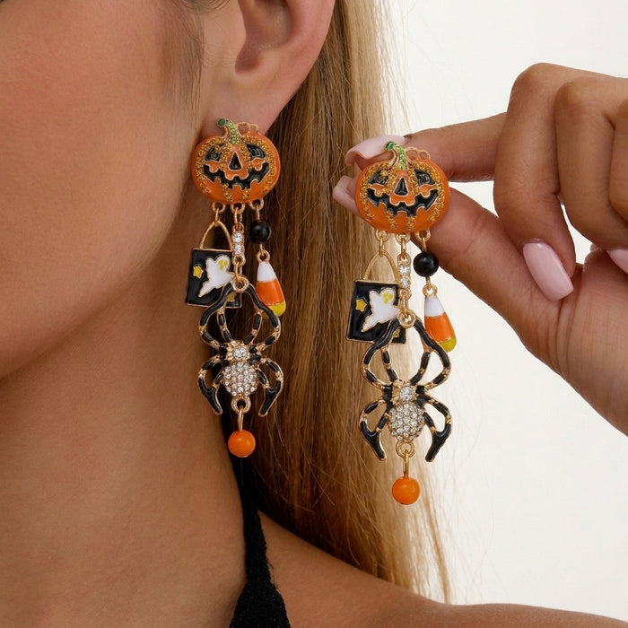 Wholesale Trendy Pumpkin Earrings for Women Alloy Rhinestone Asymmetrical Tassel Dangle Fashion Jewelry