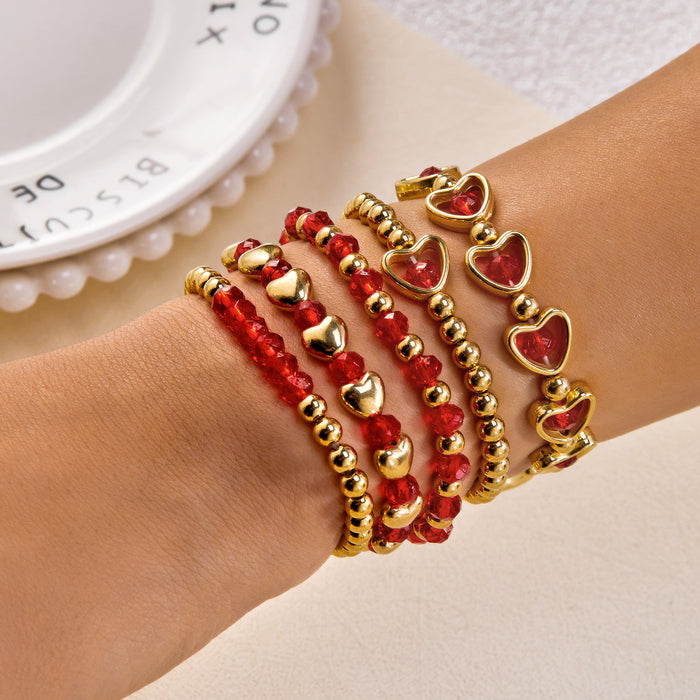 Wholesale Five-piece red heart-shaped crystal bead bracelet set for Valentine' s Day.