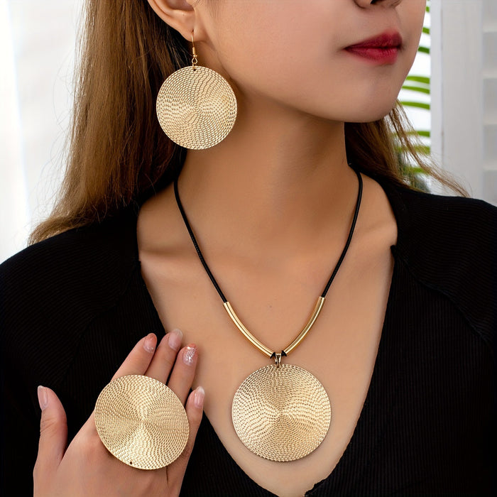 Wholesale three pieces/set of exaggerated grain round pendant necklace ring earrings suit