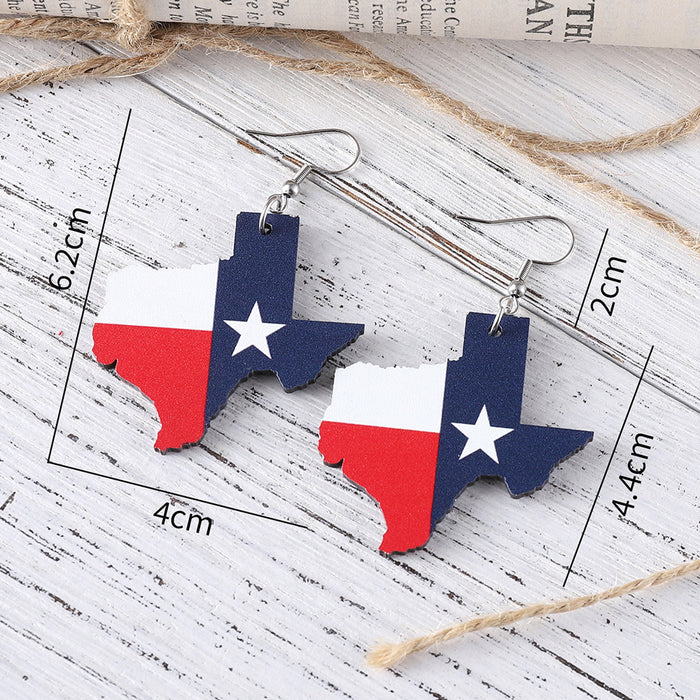 Wholesale Independence Day red,  white and blue stars Texas map state flag pendant wooden double-sided earrings
