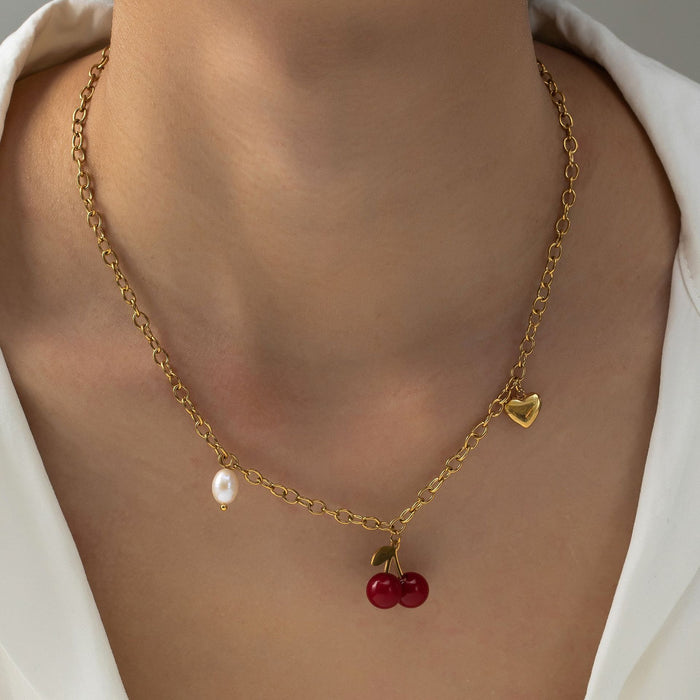 Wholesale Red Cherry Pendant Necklace Bracelet Earrings Titanium Steel set