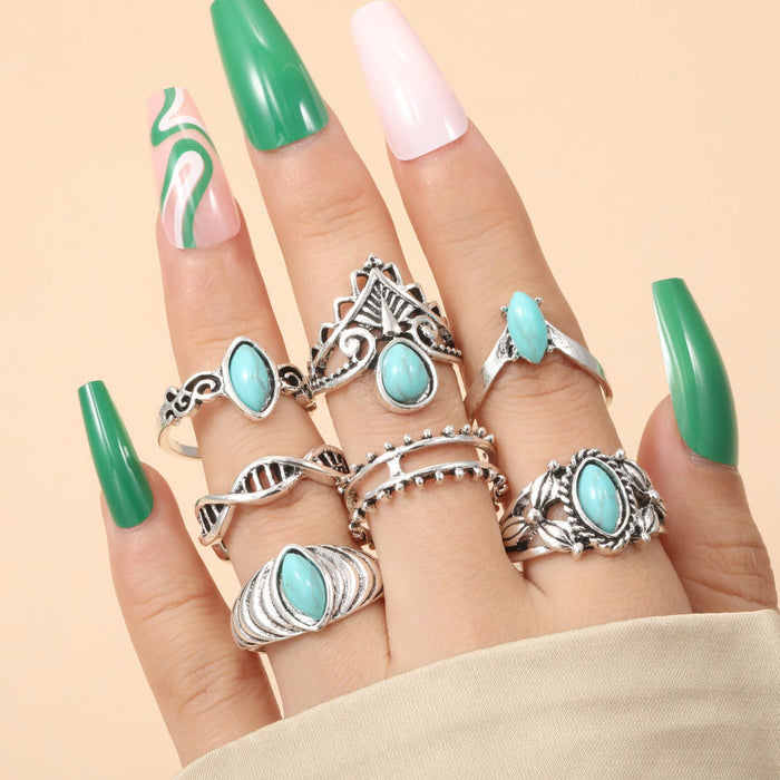 Wholesale Ethnic Style Retro Turquoise Carved Feather Ring Fashionable and Personalized 8-Piece Combination Ring Set