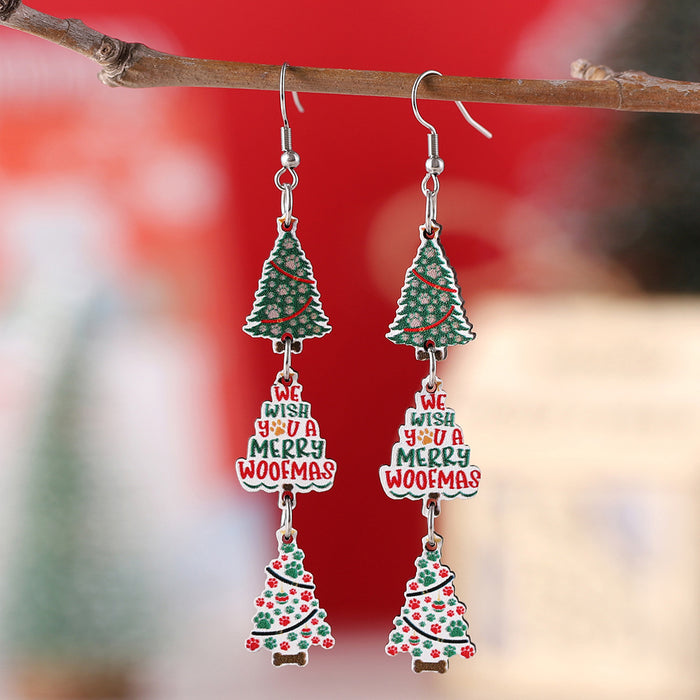 Wholesale Christmas Color Dog Claw Christmas Tree Plaid Snowflake Triple Pendant Earrings Wooden Double-sided Earrings