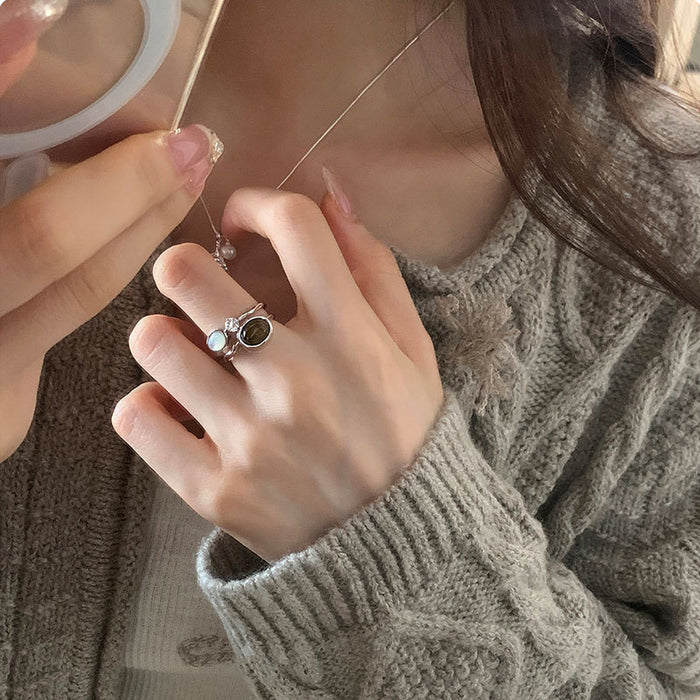 Wholesale Tiger' s Eye and Zircon Geometric Double-Layer Ring