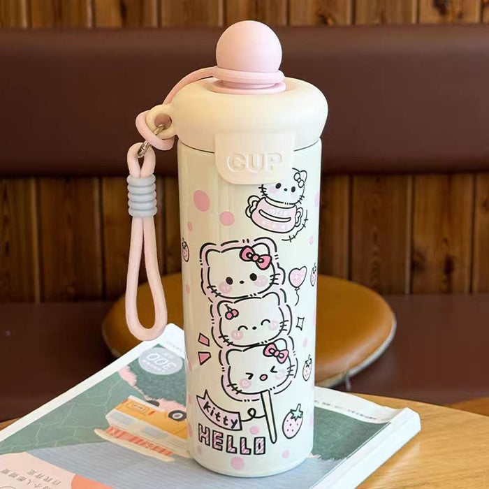 Wholesale 316 Stainless Steel Cute Cat Design Insulated Straw Water Bottle For Students With Carrying Strap