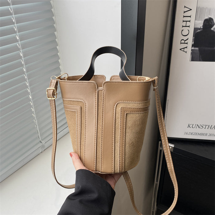 Wholesale Street Trend Khaki PU Bucket Small Spliced Bag - Fashion Accessory Gift
