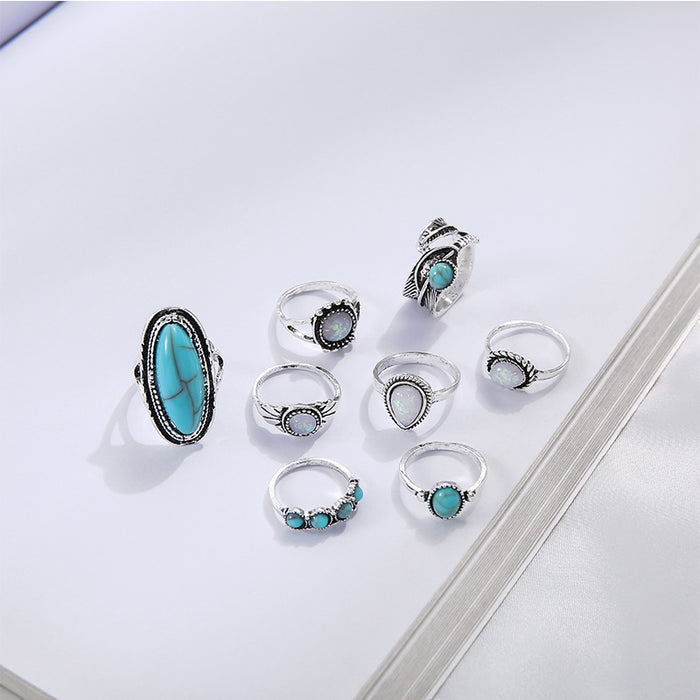 Wholesale 2pcs vintage inlaid turquoise 8 joint ring set