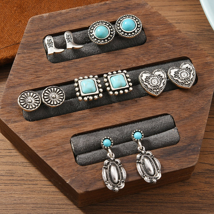 Wholesale Trendy Bohemian Turquoise Bull Head Flower Earrings For Women Alloy Handmade Jewelry Accessory Boutique Resale