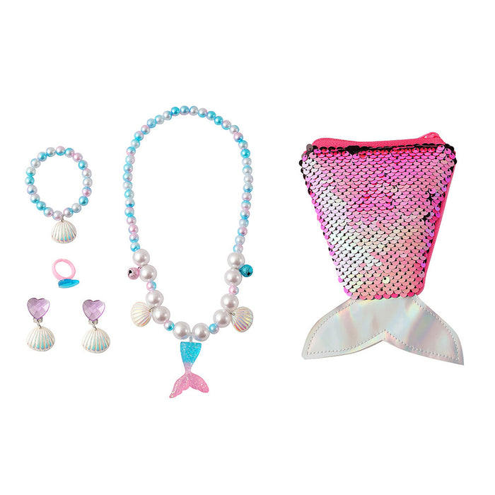 Wholesale Children' s new synthetic pearl jewelry set cute cartoon mermaid tail beaded necklace bracelet earring set