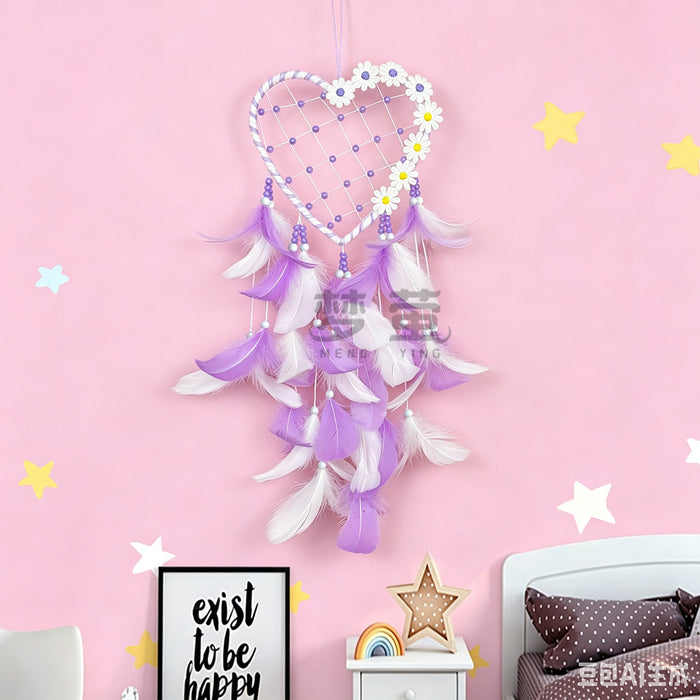 Wholesale Heart Feather Dream Catcher Wall Hanging Pink White Sweet Style Decorative Accent MOQ≥2
