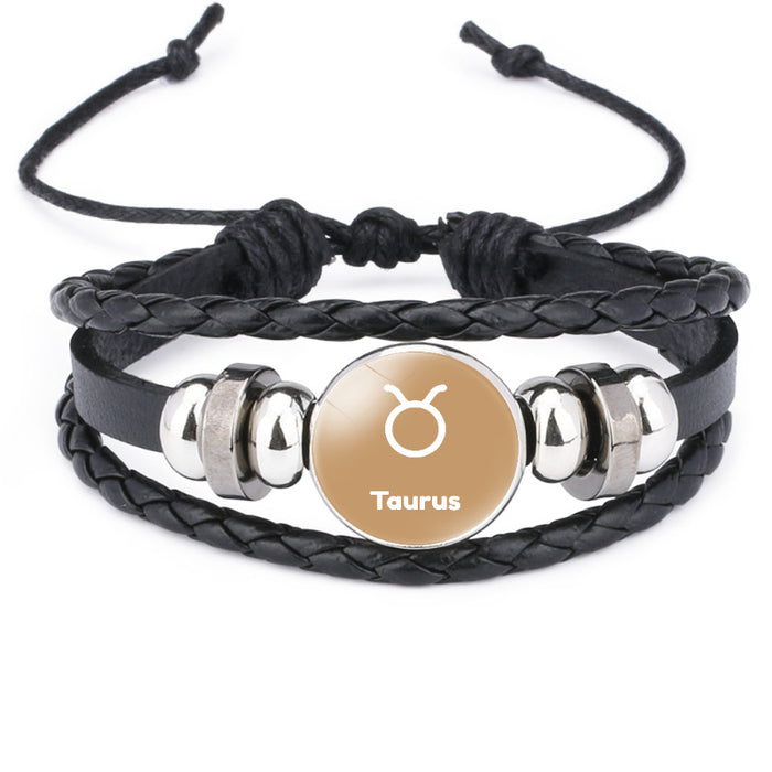 Wholesale Twelve Constellations Time Gemstone Black Leather Multi-layer Braided Bracelet JDC-BT-DMu003